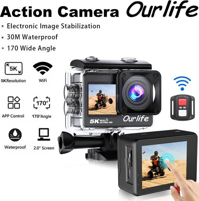Ourlife Action-Kamera mit 5K 30FPS, 4K 60FPS, 2,0 Zoll Touch-LCD, WLAN und wasserdichtem Gehäuse, Schwarz - Bild 1