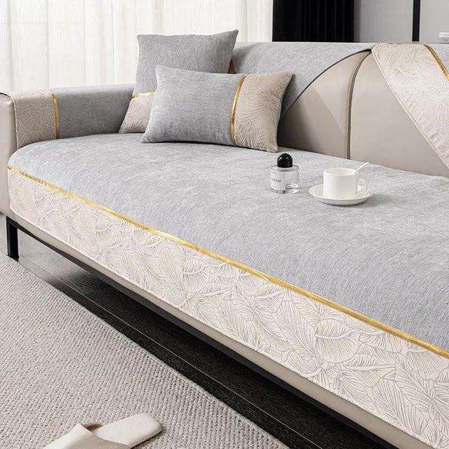 Rutschfeste Chenille Sofakissen Abdeckung für Ledersofas in Grau, B/B: 70 x 70 cm - Bild 1
