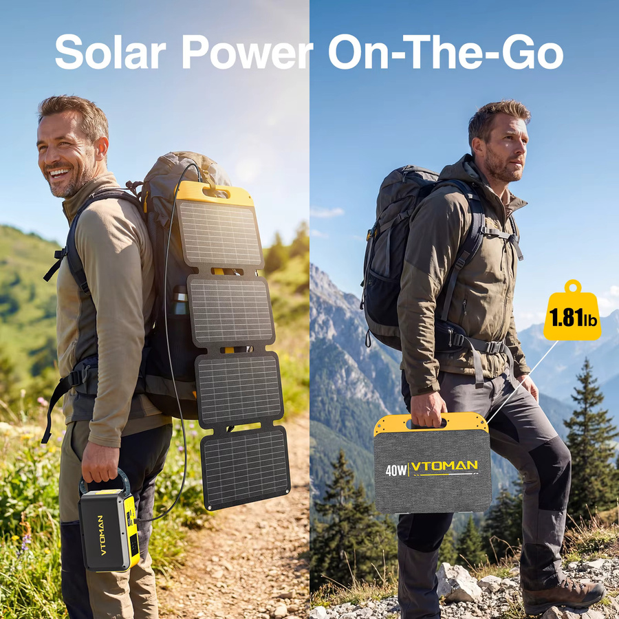 VTOMAN Faltbares 40W Solarpanel in Schwarz, Tragbares Wasserdichtes Solarladegerät mit USB-C und USB-A Ausgängen für Handy, Tablet und Jump 100/FlashSpeed300, Ideal für Camping, Reisen und Wandern - Bild 7