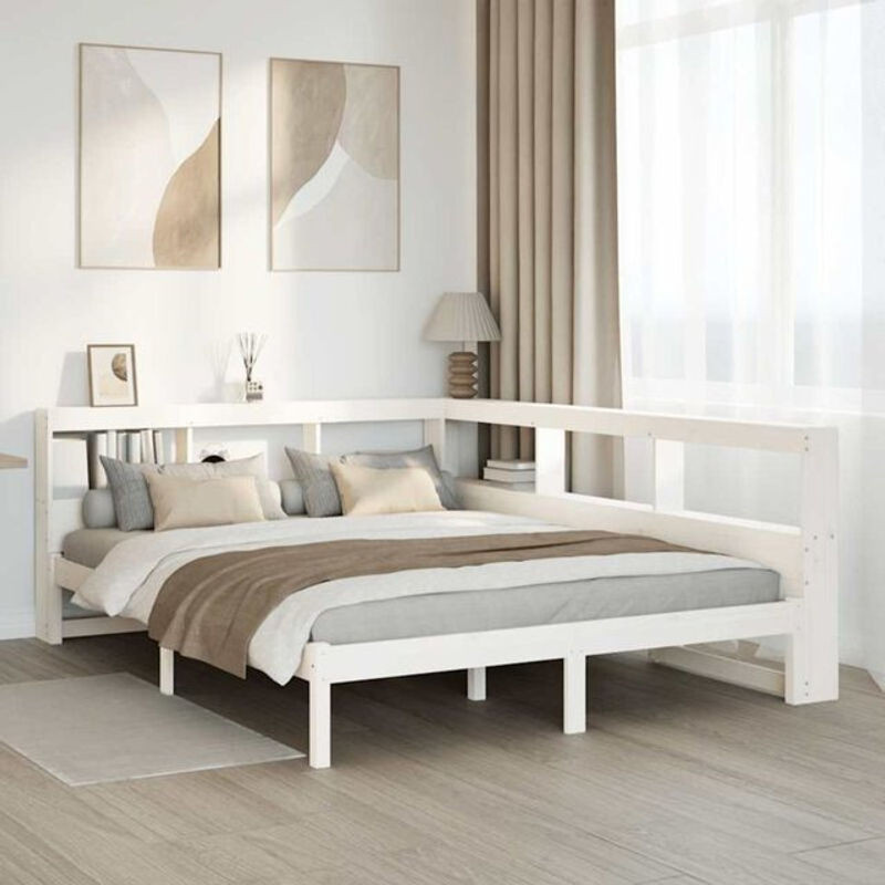 Massivholzbett mit Regal aus Kiefer in Weiß von Vidaxl, B/T/H: 140 x 200 cm - Bild 1