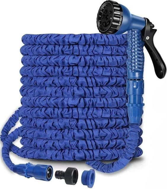 Flexibler erweiterbarer Gartenschlauch in Blau mit 7-Funktions-Sprühdüse und 3/4 Zoll sowie 1/2 Zoll Anschlüssen, Länge: 30,48 m - Bild 1
