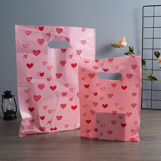Dankeschön-Geschenktüten mit Herzmuster in Rosa, wiederverwendbare Kunststoff-Geschenktüten für Partys und kleine Geschenke - Bild 1