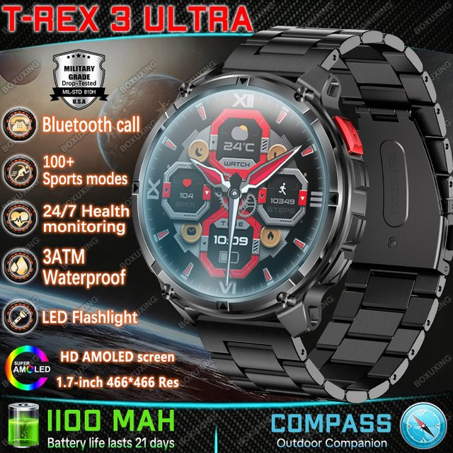 BOXUXING Smartwatch, T-Rex3 Ultra, GPS, 3 ATM, Schwarz, Silikon - Bild 1