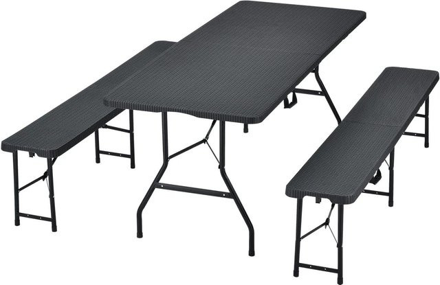 Juskys Bierzeltgarnitur Amberg 3-teilig aus Kunststoff in Rattan-Optik Schwarz, B/T/H: 180 x 74 x 74 cm - Bild 1