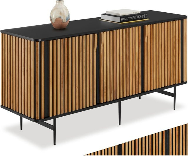 tectake Sideboard mit Lamellendesign und Soft-Close-Schubladen, Holzkorpus, Schwarz-braun, B: 156 cm, T: 45,5 cm, H: 74 cm - Bild 1