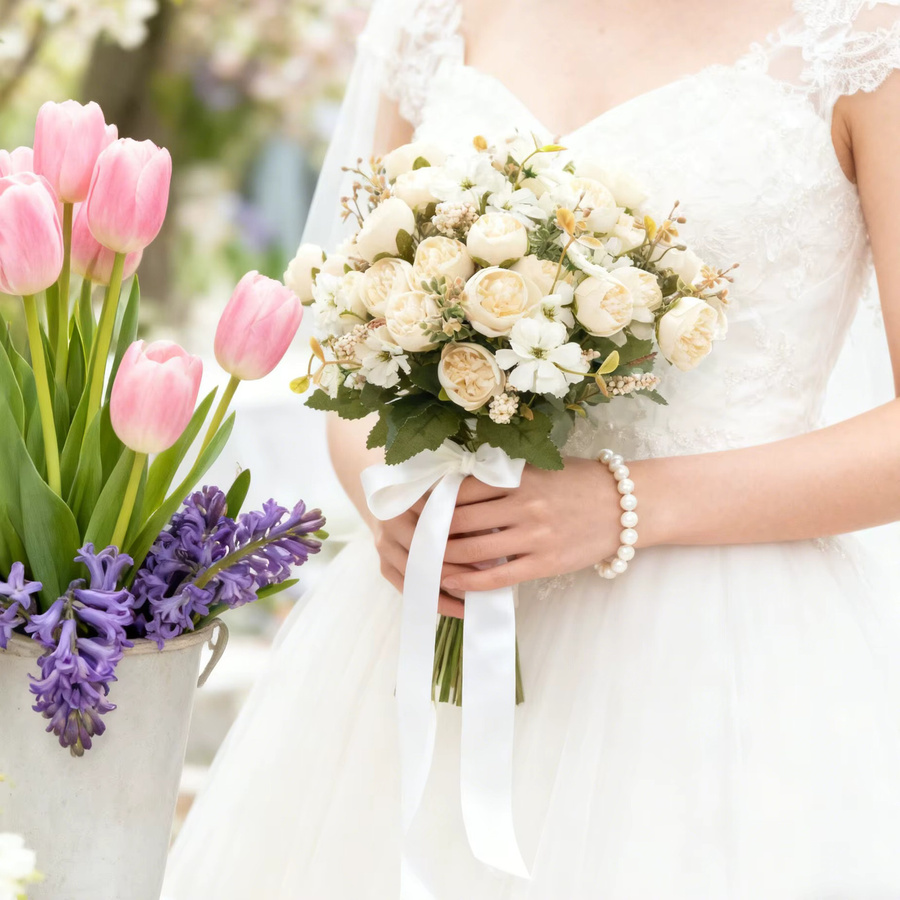 ZQCY Künstliche Seidenblumen Set mit Teeknospen, Rosen und Pfingstrosen in Orange und Weiß für Hochzeitsdekoration und DIY-Geschenke - Bild 2