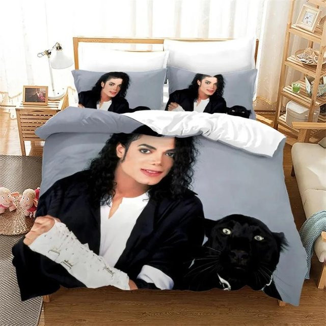 M-Michael Jackson Bettwäsche-Set mit Sternen im 3D-Druck, Bettbezug und Kissenbezug aus Polyester, Blau, B/H: 135 x 200 cm - Bild 1