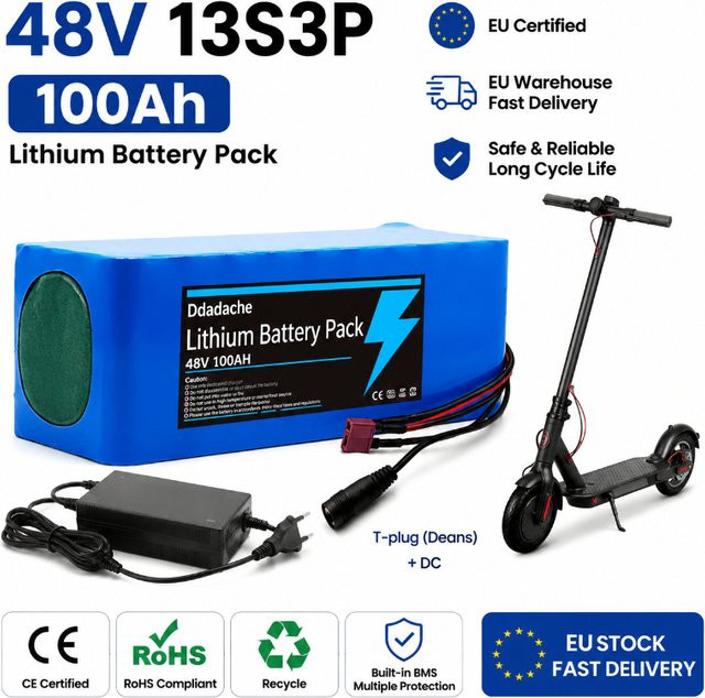 Wiederaufladbarer Li-Ionen-Akku 48V 100Ah 13S3P 2000W mit Smart BMS und 54,6V Ladegerät in Blau für Elektrofahrräder und Roller - Bild 1