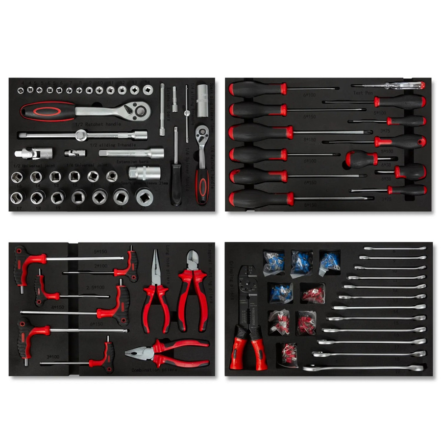 Eberth Multitool Werkzeug Set mit 81 Teilen für Werkzeugwagen in Rot und Schwarz inklusive Schraubendreher, Schlüssel, Steckschlüsseln, Zangen und Inbusschlüsseln - Bild 2
