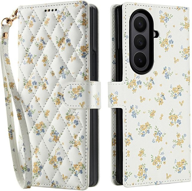 Bunte Blumen Geldbörse Klapphandyhülle aus weißem Leder mit Handschlaufe für Samsung Galaxy Z Fold 7 6 5 4 5G - Bild 1