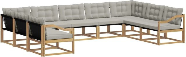 vidaXL Outdoor-Sofagarnitur 9-teilig aus Akazienholz mit Textilene und Kissen in Weiß-Hellgrau - Bild 1