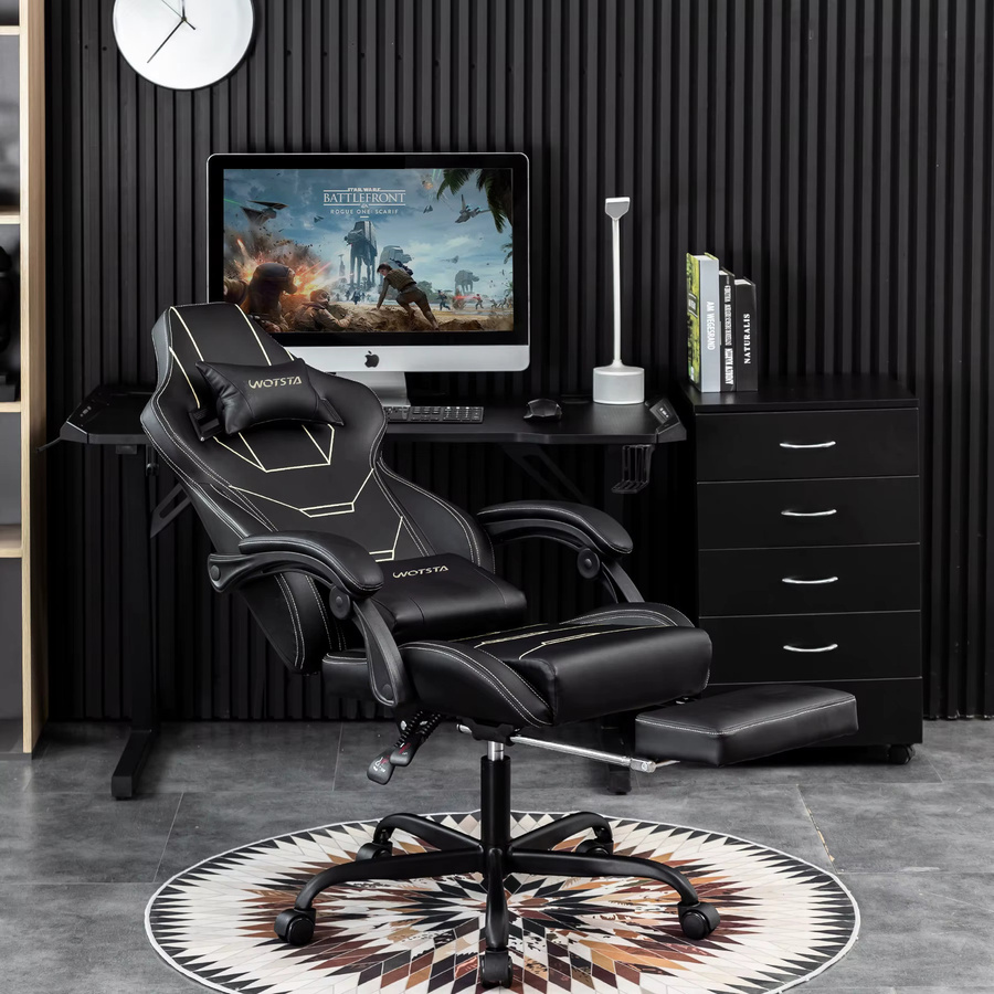 WOTSTA Gaming Chair Ergonomischer Racing Computerstuhl in Schwarz mit Fußstütze und Kopfstütze, gepolstert aus Kunstleder - Bild 5