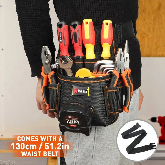 Verstärkte tragbare Werkzeugtasche in Schwarz mit 8 Steckpositionen und Gürtelbandmaßband-Haken für Elektriker, B/H/T: 26,5 x 17,0 x 6,0 cm - Bild 1