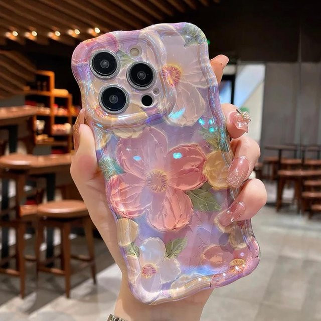 Rui Di Handyhülle mit Retro Ölgemälde Blumenmuster für iPhone 12 bis 16 Pro Max, Stoßfeste Silikonhülle in Rosa und Multicolour - Bild 1