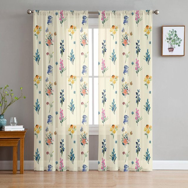 Transparente Tüll-Vorhänge mit floralem Gänseblümchen-Lavendel-Schmetterlings-Design in Weiß, Breite: 135 cm, Höhe: 115 cm - Bild 1