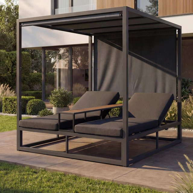 MCW Alu Lounge-Gartenliege P81 Daybed in Dunkelgrau mit 10cm Polster und Sonnenverdeck B/T/H: 196 x 165 x 196 cm - Bild 1