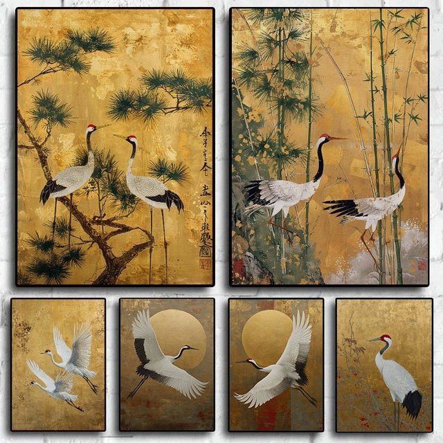 Potdemiel Leinwandgemälde mit fliegenden Kranich-Vögeln in Gold und Weiß, asiatische Wandkunst im Portraitformat - Bild 1