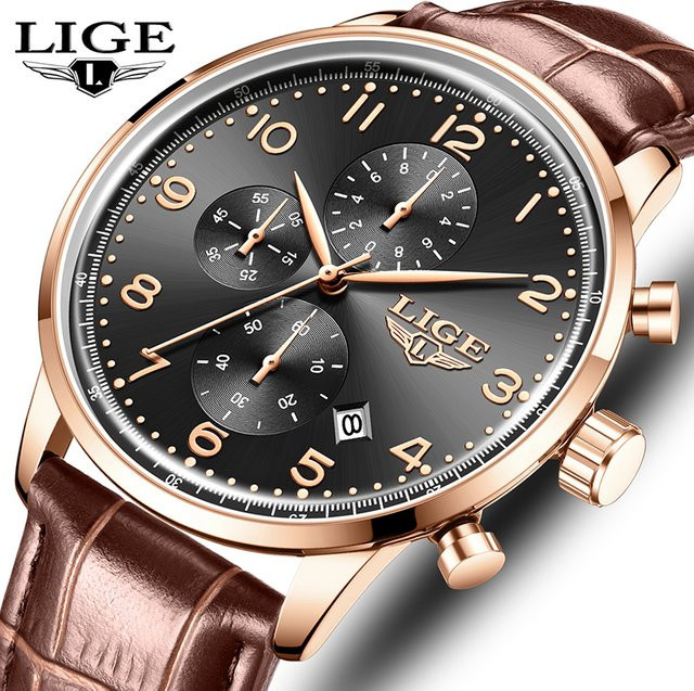 LIGE Chronograph, Quarz, Leder, Schwarz, Herren - Bild 1
