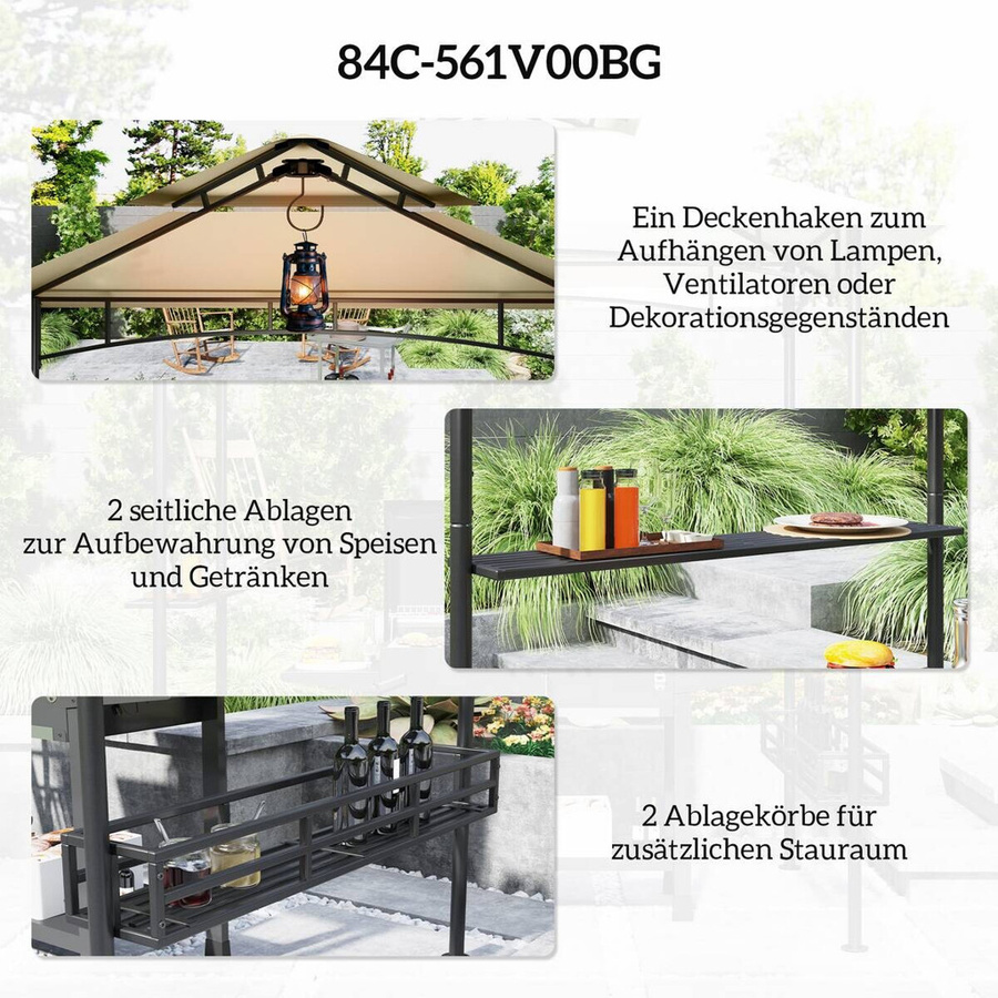 Outsunny Grillpavillon Beige aus Stahl mit Doppeldach und Seitenregalen, B/T/H: 240 x 150 x 257 cm - Bild 3