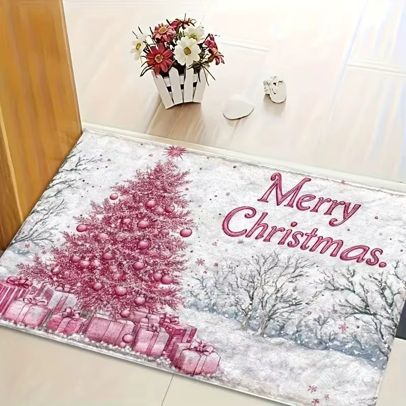 VIKAMA Weihnachts-Teppich mit Schnee- und Weihnachtsbaum-Muster in Pink für Wohnzimmer und Eingangsbereich - Bild 2