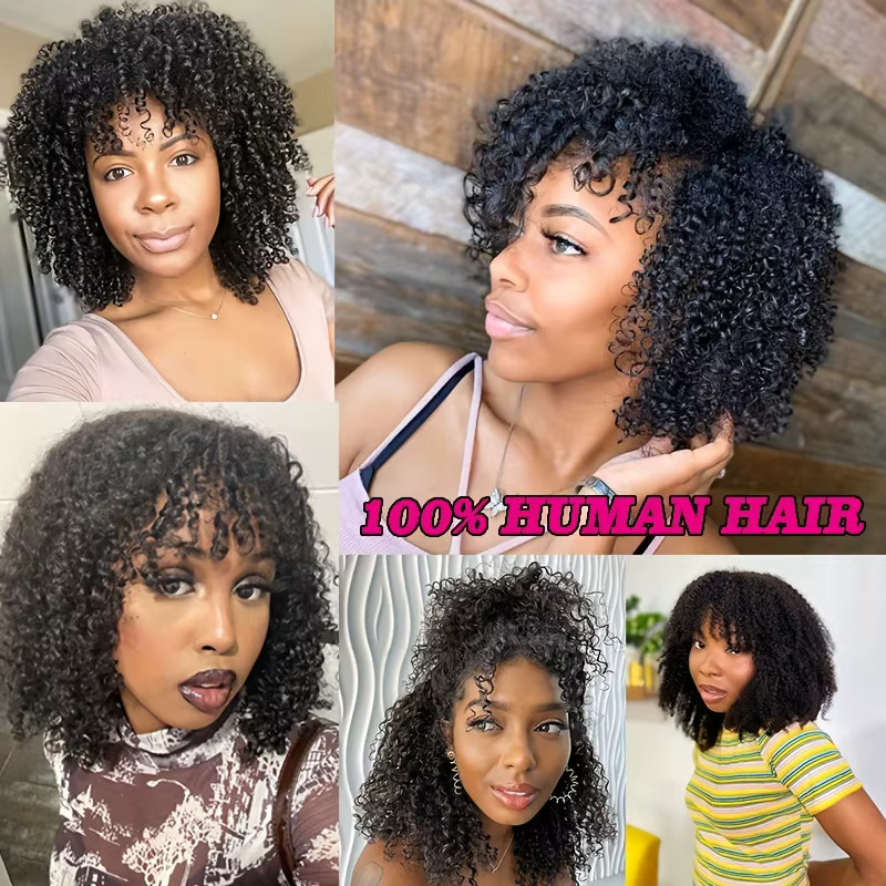 Linhua Afro Kinky Curly Echthaarperücke, kurzer lockiger Bob mit Pony, Damen - Bild 4