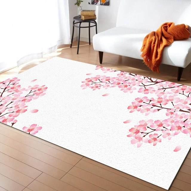 Karpetti Japanischer Sakura Kirschblüten Teppich mit floralem Design, rutschfest, Weiß, B/T: 160 x 200 cm - Bild 1