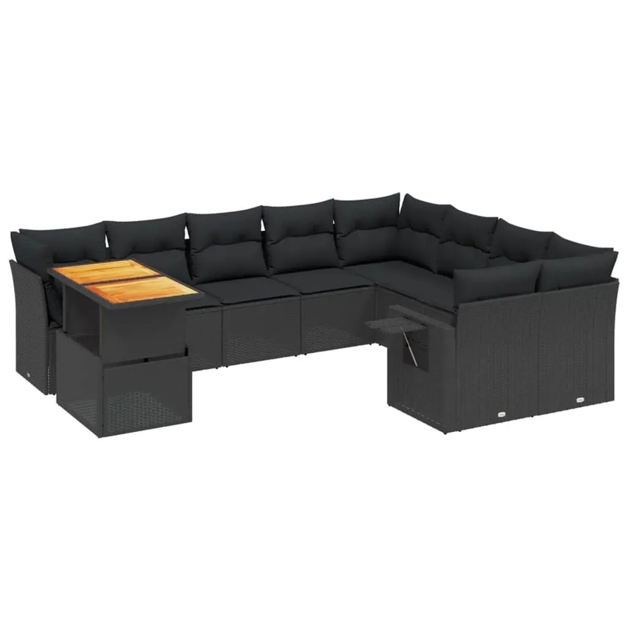 vidaXL 10-tlg. Garten-Sofagarnitur in L-Form aus Polyrattan und Akazienholz mit Kissen, Schwarz - Bild 2