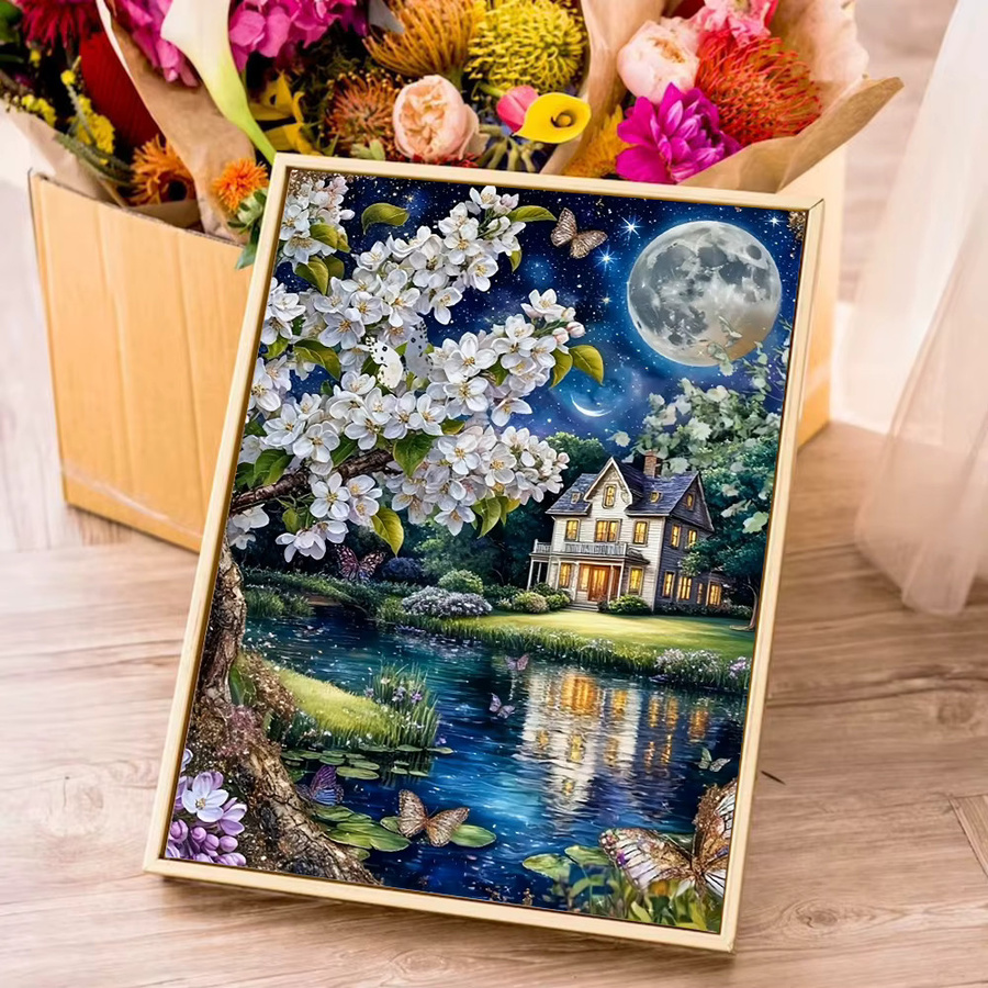Huacan Diamantmalerei Mondhaus mit Blumen als Landschafts-Diamantstickerei in Multicolour, B/H: 30 x 20 cm - Bild 3
