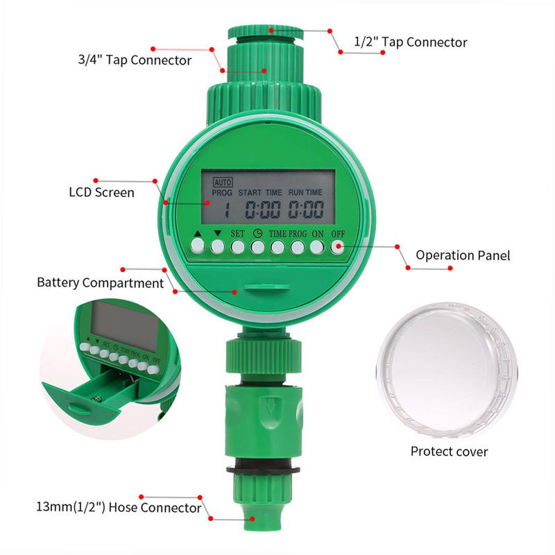 TOMTOP JMS Programmierbarer Schlauch-Wasserhahn mit LCD-Bildschirm und Timer, Grün, 3/4 Zoll und 1/2 Zoll Anschluss - Bild 9