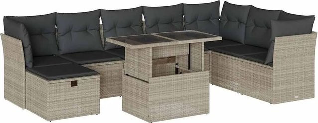 vidaXL 9-teilige Garten-Sofagarnitur in L-Form mit Kissen und Couchtisch, Hellgrau, Polyrattan und Metallgestell - Bild 1