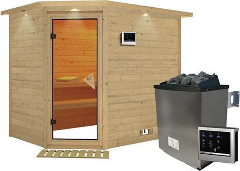 Karibu Sauna Kärdla aus Fichtenholz in Beige inklusive 9 kW Saunaofen mit externer Steuerung für 4 Personen, B/T/H: 264 x 198 x 212 cm - Bild 1