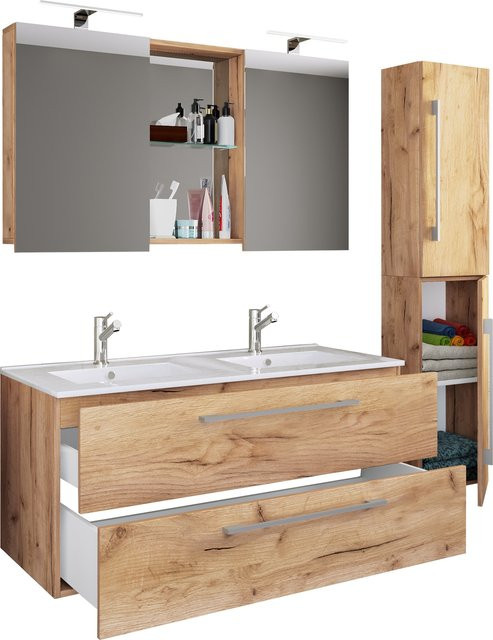 VCM Badmöbel Set Budasi SC 4-tlg. Doppel Waschplatz mit Keramik-Waschtisch, Unterschrank, Hochschrank und Spiegelschrank - Bild 1