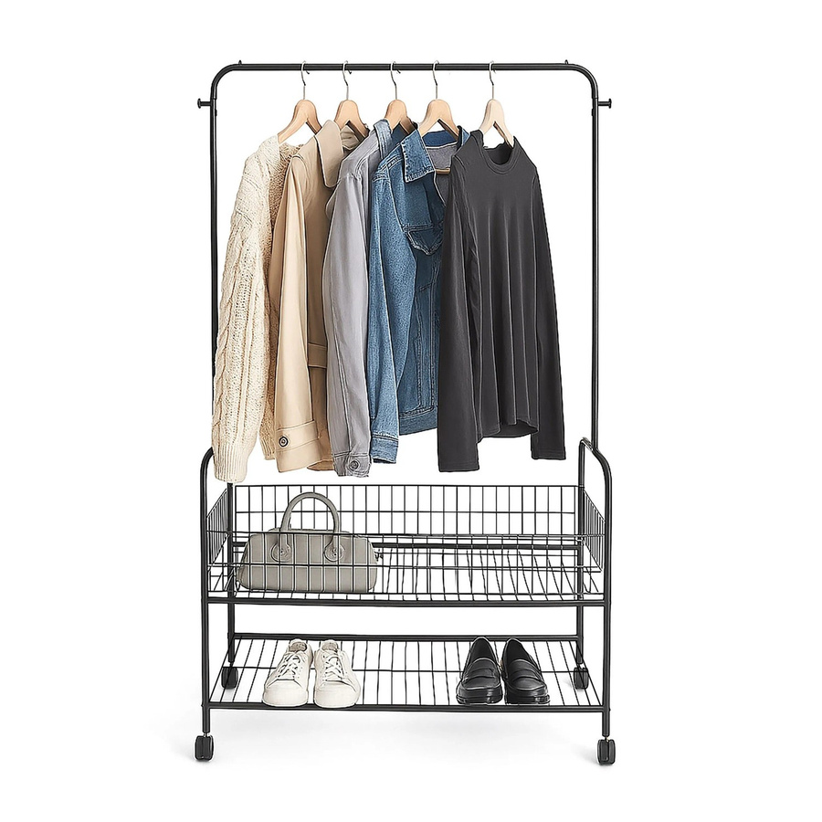 Relaxdays Kleiderständer aus Eisen in Schwarz mit Rollen und 2 Ablagen, H: 165 cm, B: 90 cm, T: 30 cm - Bild 2