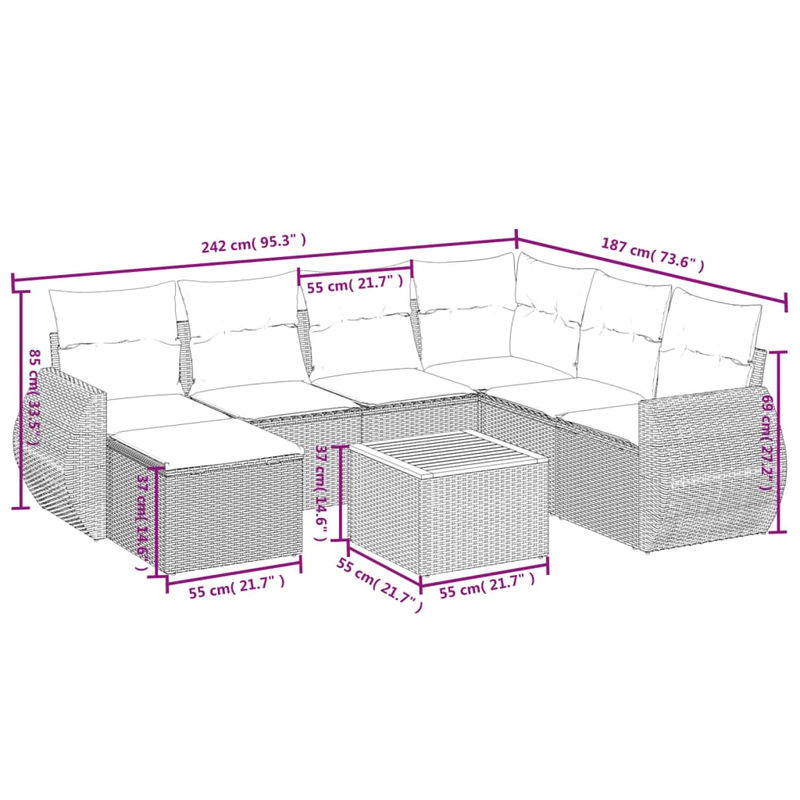 Vidaxl Gartenmöbel-Set aus Polyrattan mit Kissen, 8-teilig, Grau, Modernes Design - Bild 2