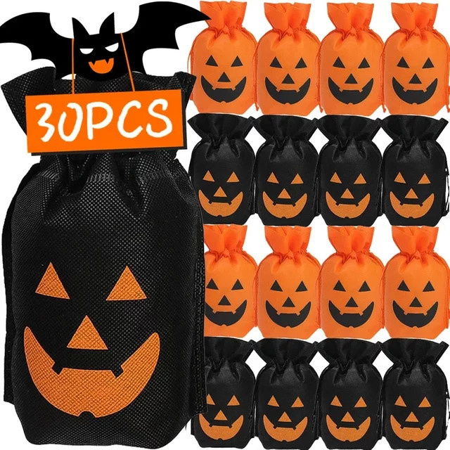 30 Stück Halloween Kürbis Süßigkeiten Taschen aus Vliesstoff mit Kordelzug in Schwarz für Kinder Party Gastgeschenke - Bild 1