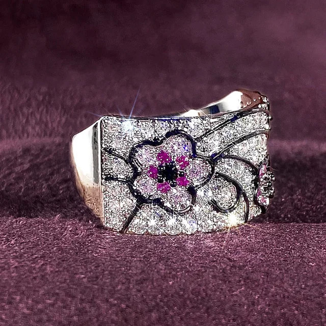 Huitan Ringe, Rosa Blume, Zirkonia, Silber, Damen - Bild 1