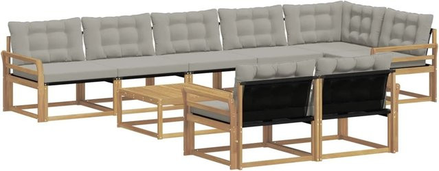 vidaXL Outdoor-Sofagarnitur aus Akazienholz in L-Form, 9-teiliges Set in Weiß-Hellgrau mit Textilene-Bezug und Kissen, B/T/H: 79 x 79 x 37 cm - Bild 1