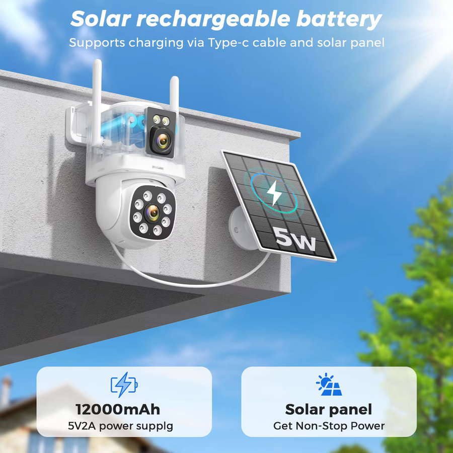Abuntu 8MP 4K Solarkamera Outdoor mit Dual Lens und Dual Screen, Wifi Überwachungskamera mit 24 Stunden Aufnahme und Nachtsicht, Weiß - Bild 2