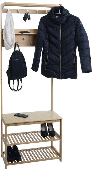 Bambus Standgarderobe MCW-N82 mit Sitzbank und Schuhregal in Braun, H x B x T: 170 x 70 x 31 cm - Bild 1