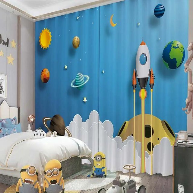 Yiran Furniture Blackout Vorhang für Kinderzimmer mit Astronaut-Motiv, 2er-Set, Blau/Schwarz, Breite: 55 cm, Höhe: 120 cm - Bild 1