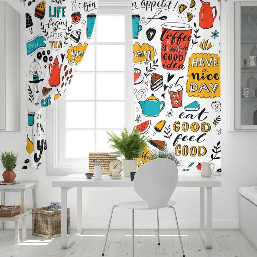 Yiran Furniture Dekorative Graffiti Vorhänge 2er-Set mit Ösen, Motiv Teetasse und Hot Dog, halbtransparent, Mehrfarbig, B: 50 cm, H: 130 cm - Bild 2
