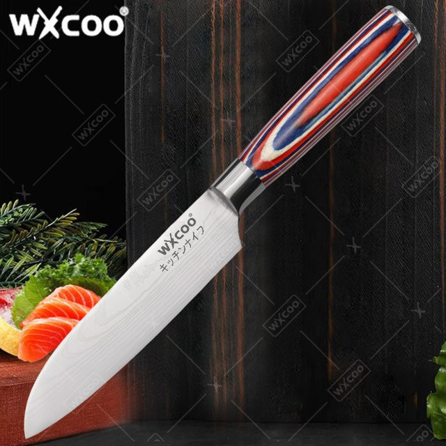 WXCOO Santoku Japanisches Küchenmesser aus Edelstahl und Kohlenstoffstahl mit Holzgriff, Mehrfarbig, Klingenlänge: 12,7 cm - Bild 1