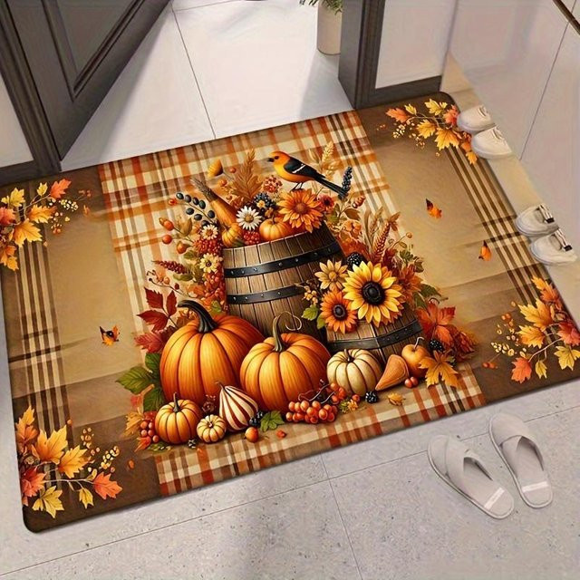 Karpetti Herbst Teppich mit Kürbis und Ahornblatt Design, Flanell Schwammmatte für Schlafzimmer, Küche oder Badezimmer, Farbe: Weiß/Mehrfarbig, B/T: 60 x 40 cm - Bild 1
