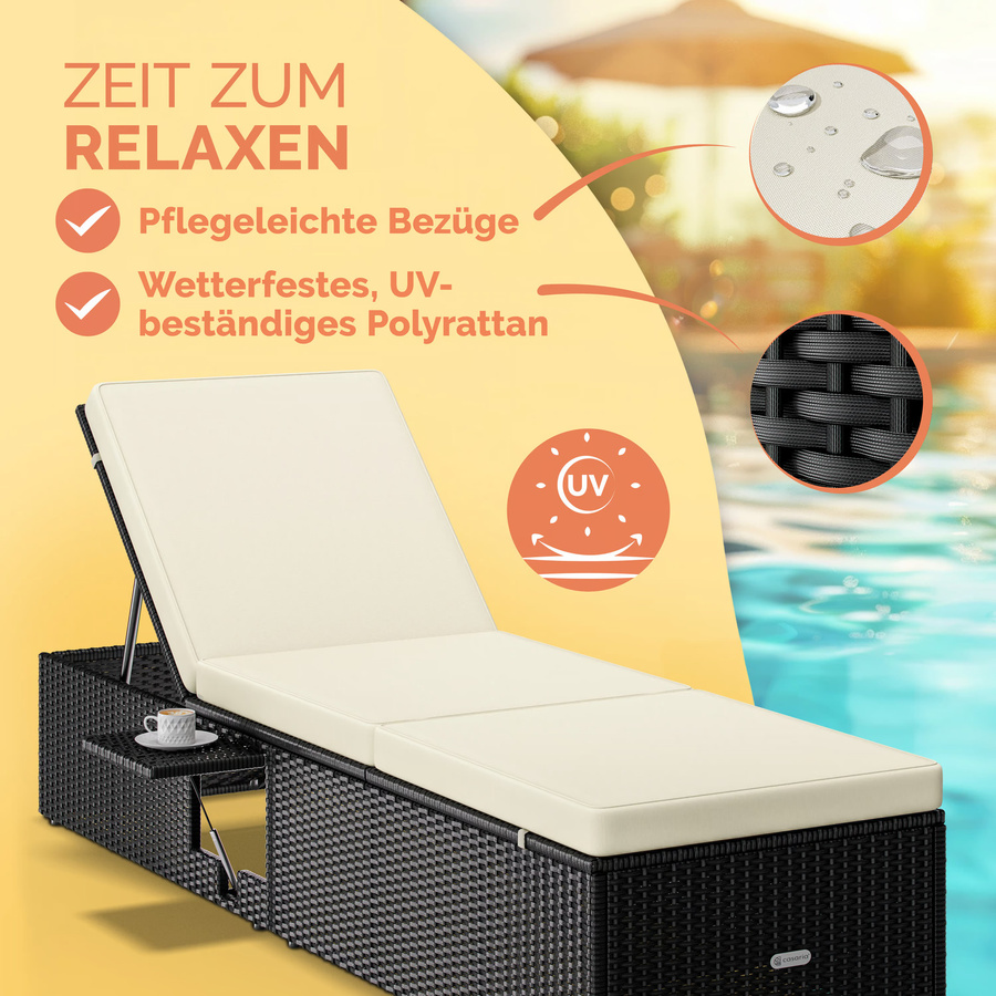 CASARIA Polyrattan Gartenliege Schwarz/Creme mit verstellbarer Kopfstütze und Seitentisch B/T/H: 200 x 58 x 33 cm - Bild 2