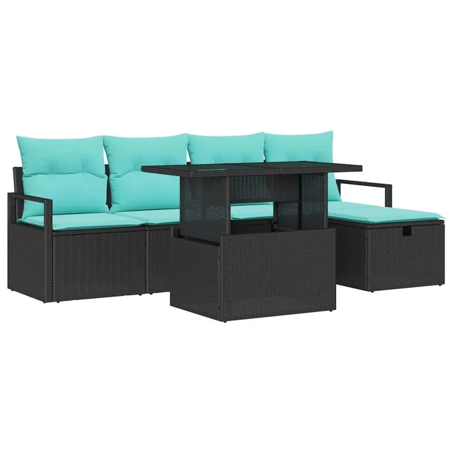 vidaXL Garten-Sofa-Set aus Poly Rattan in Schwarz, 6-teiliges L-Shape Lounge-Set mit UV-beständigen und wetterfesten Kissen - Bild 2