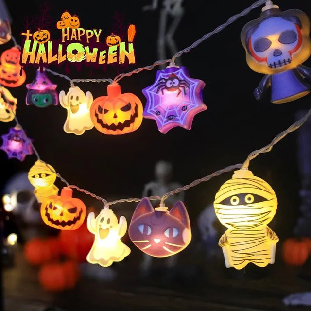 Bunte LED-Lichterkette für Halloween mit Geistern, Kürbissen, Katzen und Spinnennetzen aus Kunststoff, batteriebetrieben - Bild 1