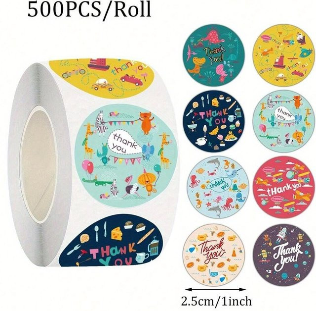 Ouyaohong Runde Aufkleber mit Cartoon Tier Mustern in Blau und Multicolour, 500 Stück pro Rolle zum Basteln und Dekorieren - Bild 1