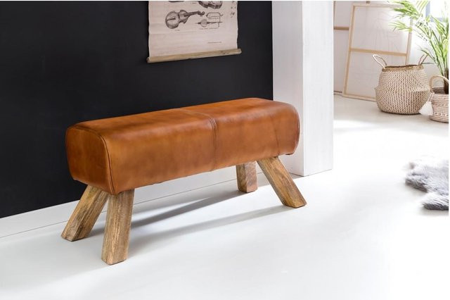 Wohnling Sitzbank aus braunem Echtleder und Mangoholz B/H/T: 90 x 43 x 30 cm - Bild 1