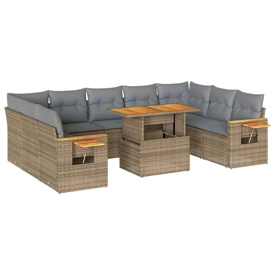 vidaXL 10-teilige Garten-Sofagarnitur aus PE-Rattan und Akazienholz mit Kissen in Beige-Grau - Bild 2