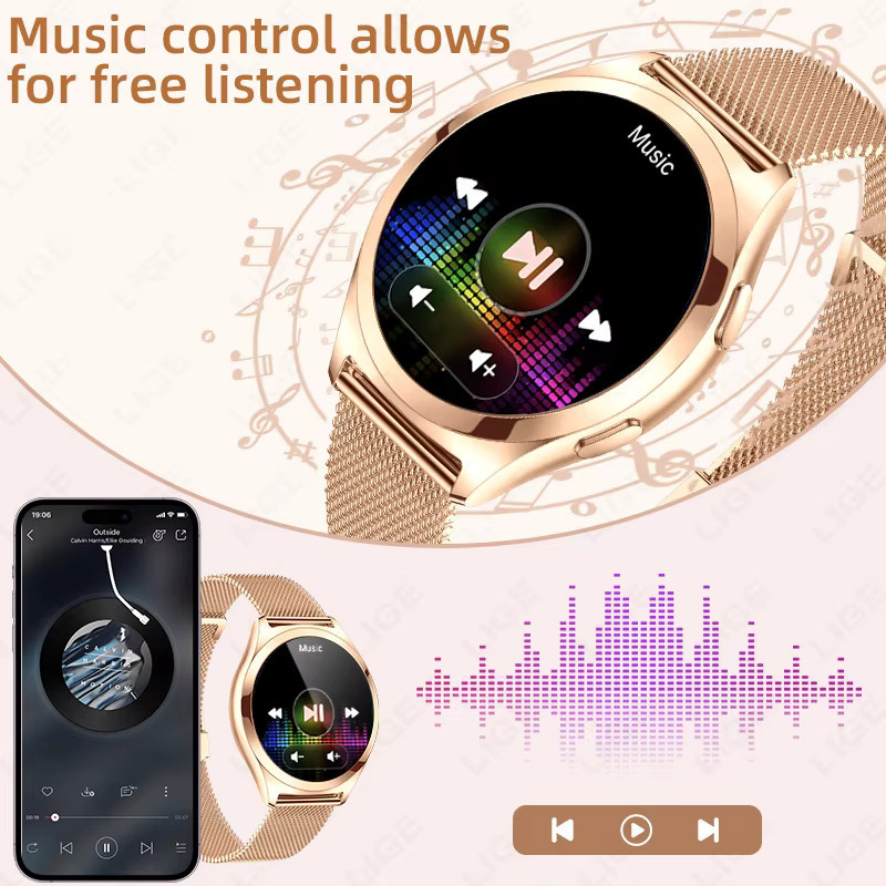 LIGE Smartwatch, 1,27 Zoll AMOLED, Damen, Schwarz, Roségold, Milanaise - Bild 4
